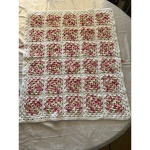 Handmade Crochet Granny Square Blanket Pink Beige‎ White Throw Baby Afghan